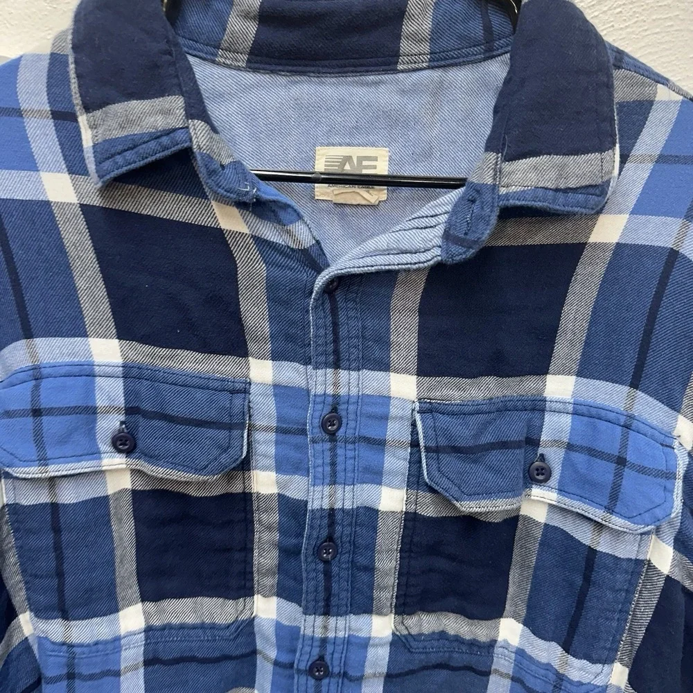 American Eagle Super Soft Flannel Button Plaid Front Shirt Sz XL Blue White - Picture 4 of 8